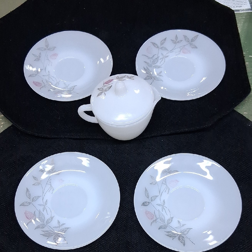 Vintage‎ Federal milk  glass, translucent saucers, & pitcher, "clover blossoms"